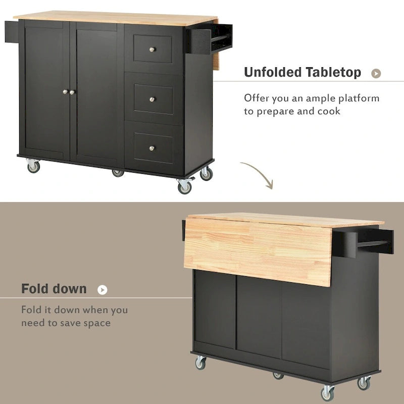 52.76-Inch Rolling Kitchen Island with Solid Wood Top and Drop Leaf
