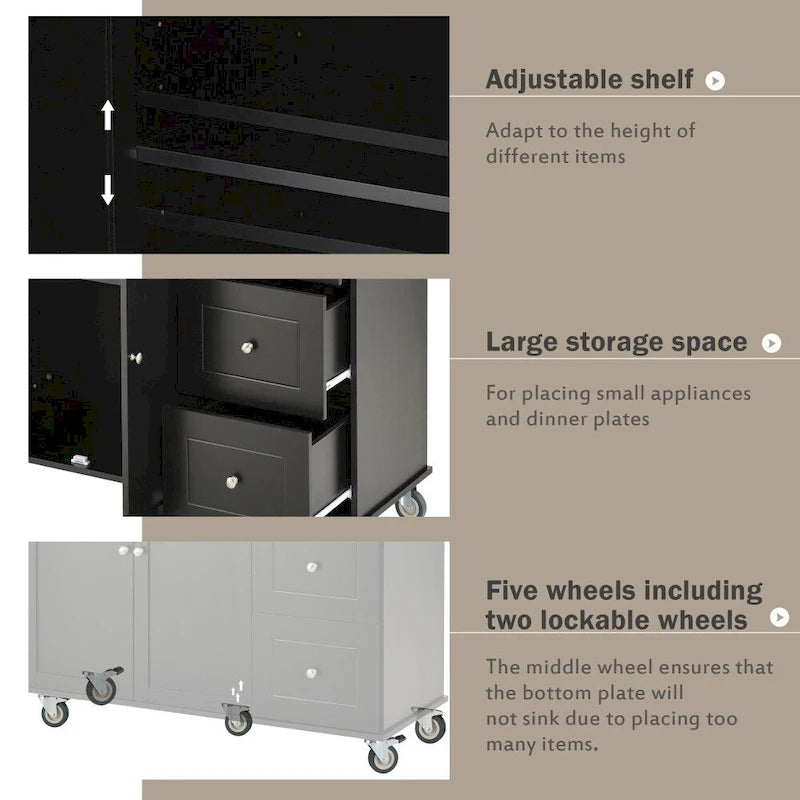 52.76-Inch Rolling Kitchen Island with Solid Wood Top and Drop Leaf
