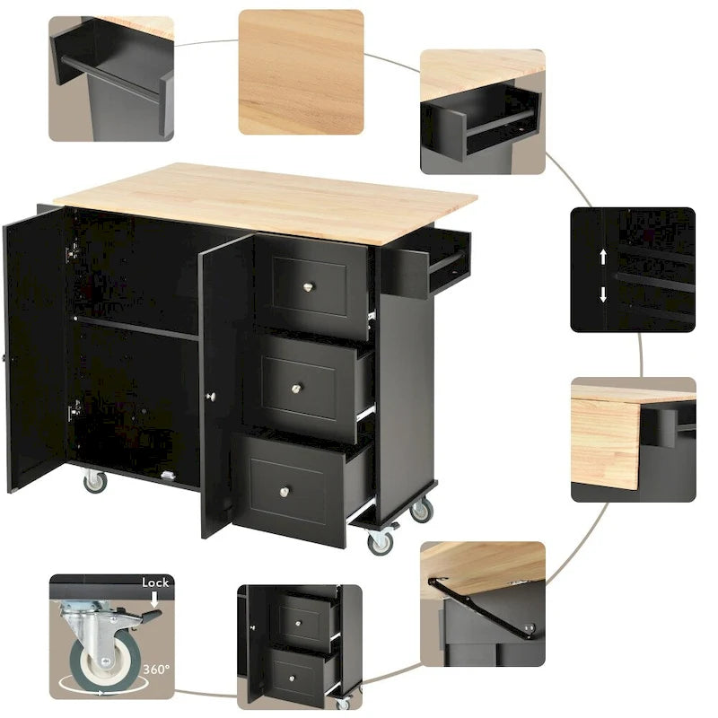 52.76-Inch Rolling Kitchen Island with Solid Wood Top and Drop Leaf