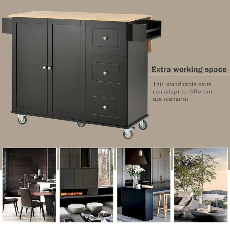52.76-Inch Rolling Kitchen Island with Solid Wood Top and Drop Leaf