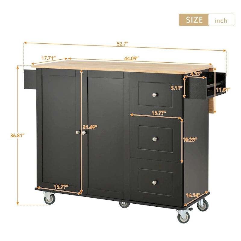 52.76-Inch Rolling Kitchen Island with Solid Wood Top and Drop Leaf