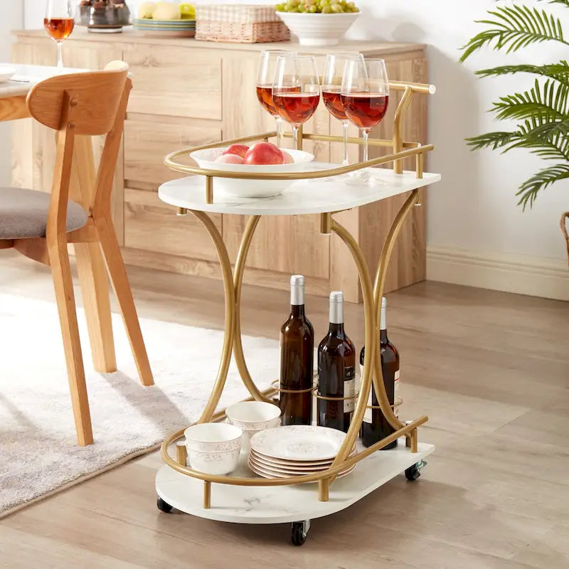 2-Tier Rolling Bar Cart with Wine Rack, White and Gold