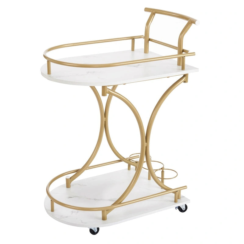 2-Tier Rolling Bar Cart with Wine Rack, White and Gold