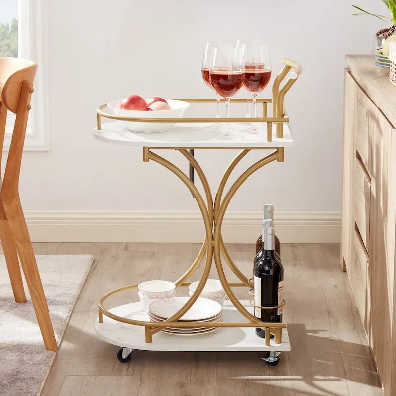 2-Tier Rolling Bar Cart with Wine Rack, White and Gold