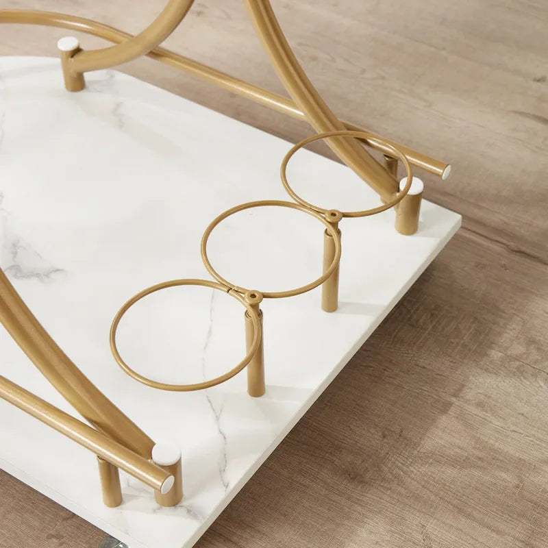 2-Tier Rolling Bar Cart with Wine Rack, White and Gold