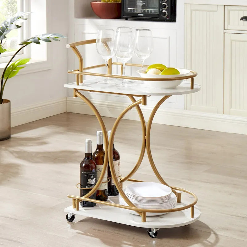 2-Tier Rolling Bar Cart with Wine Rack, White and Gold