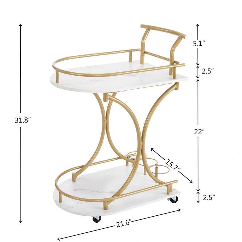 2-Tier Rolling Bar Cart with Wine Rack, White and Gold