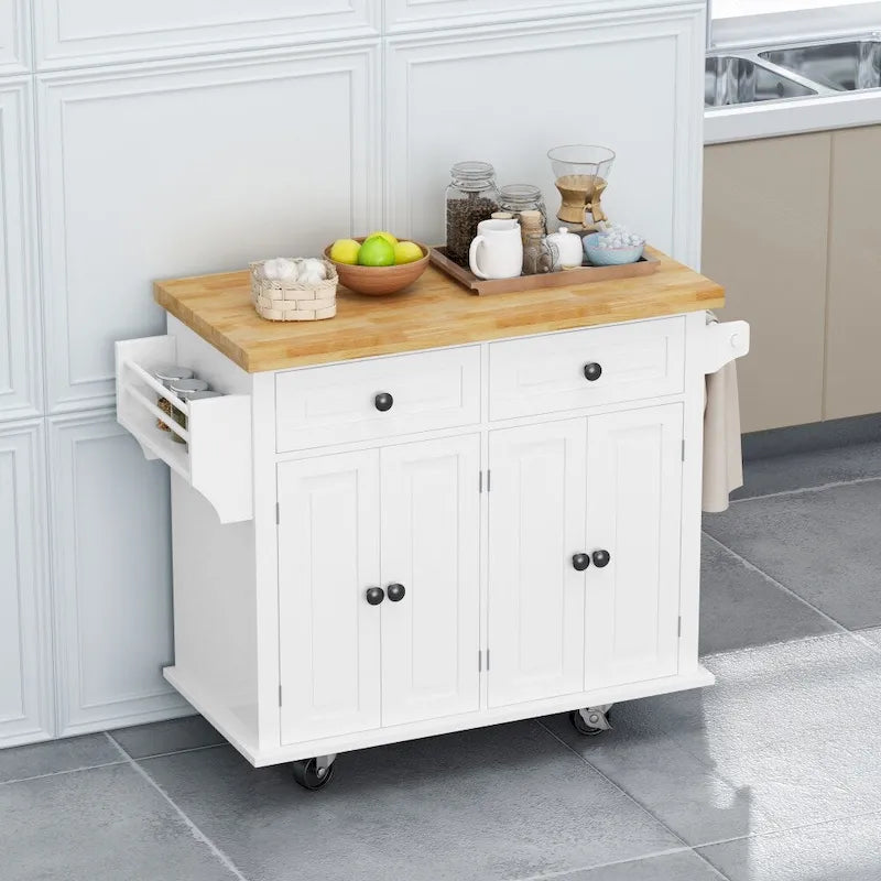 43.31-Inch Rolling Kitchen Island Cart with Storage and Spice Rack