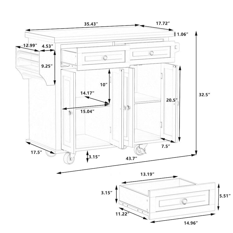43.31-Inch Rolling Kitchen Island Cart with Storage and Spice Rack