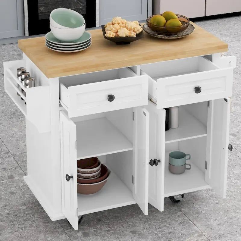 43.31-Inch Rolling Kitchen Island Cart with Storage and Spice Rack