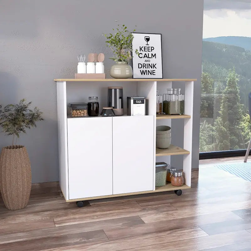 Kitchen Cart with Four Casters, Open Shelves and Double-Door Cabinet - Light Oak / White