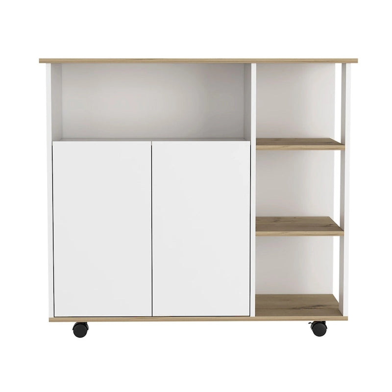 Kitchen Cart with Four Casters, Open Shelves and Double-Door Cabinet - Light Oak / White