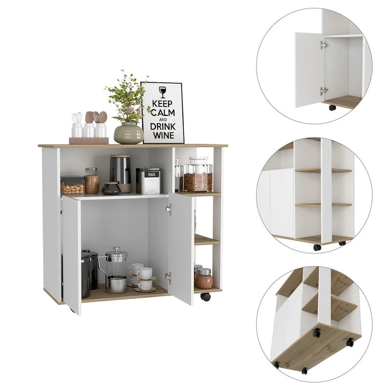 Kitchen Cart with Four Casters, Open Shelves and Double-Door Cabinet - Light Oak / White
