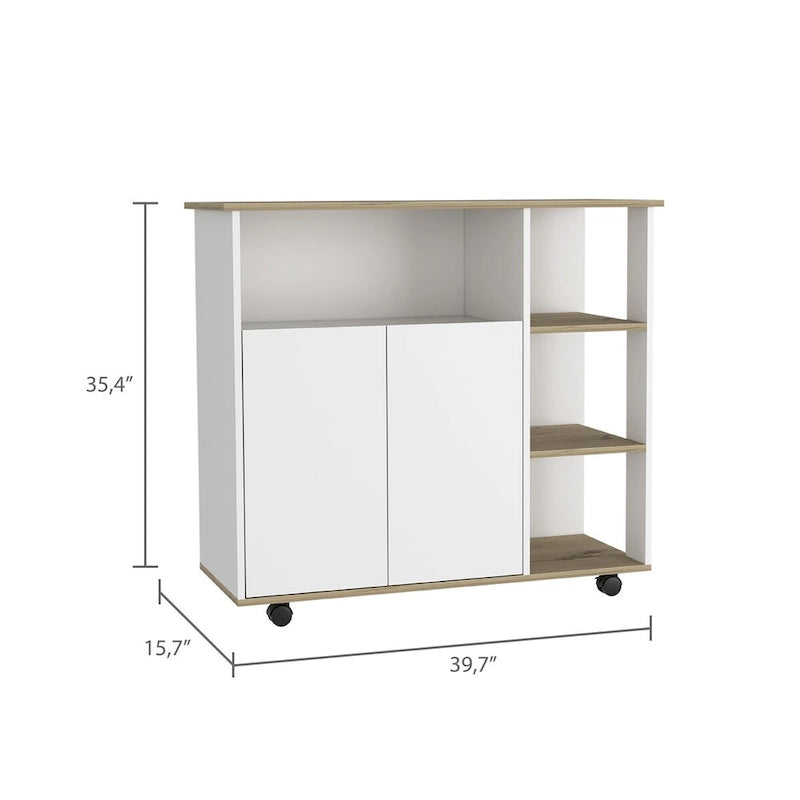 Kitchen Cart with Four Casters, Open Shelves and Double-Door Cabinet - Light Oak / White
