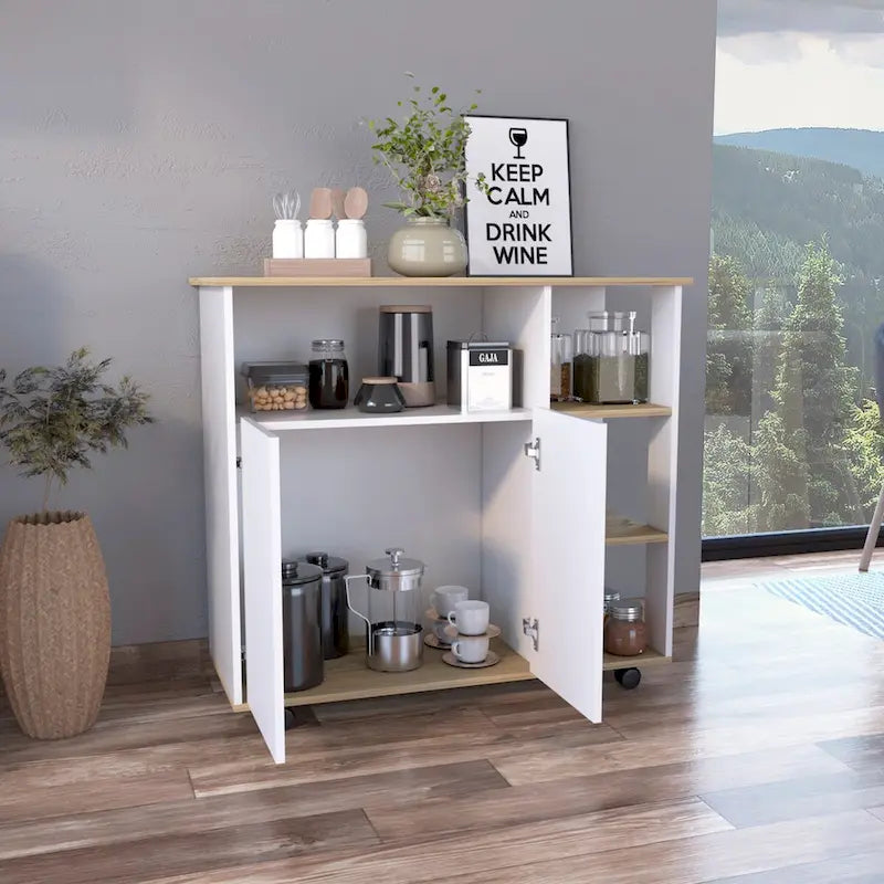 Kitchen Cart with Four Casters, Open Shelves and Double-Door Cabinet - Light Oak / White