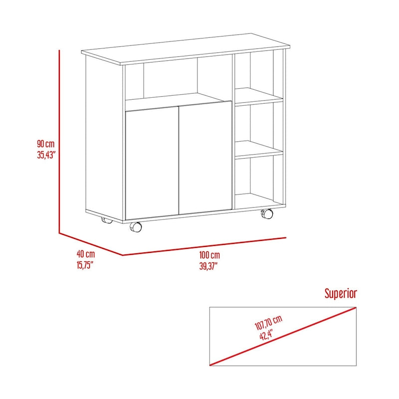 Kitchen Cart with Four Casters, Open Shelves and Double-Door Cabinet - Light Oak / White