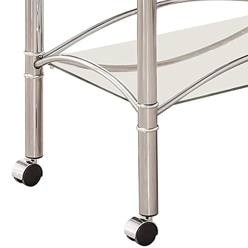 Silver Metal Rolling Serving Cart with Glass Top and Mirrored Shelf