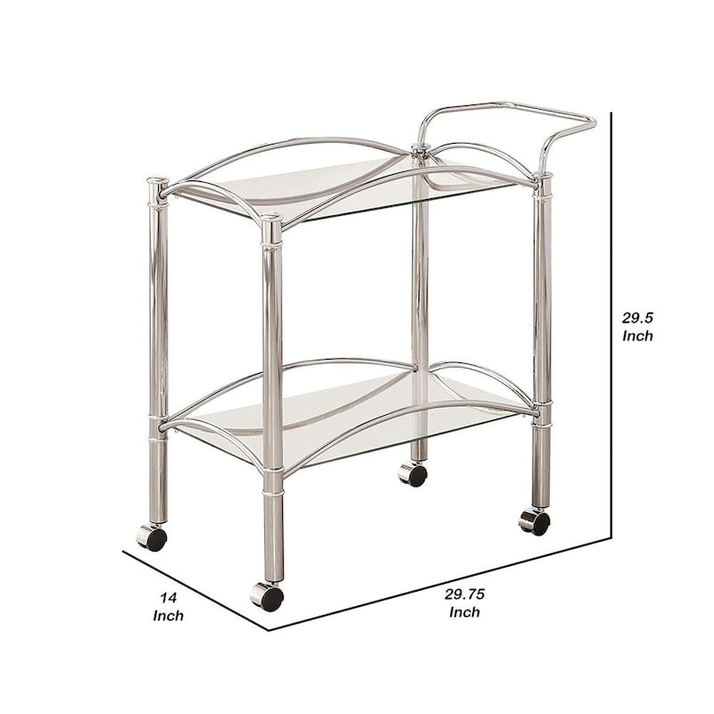 Silver Metal Rolling Serving Cart with Glass Top and Mirrored Shelf