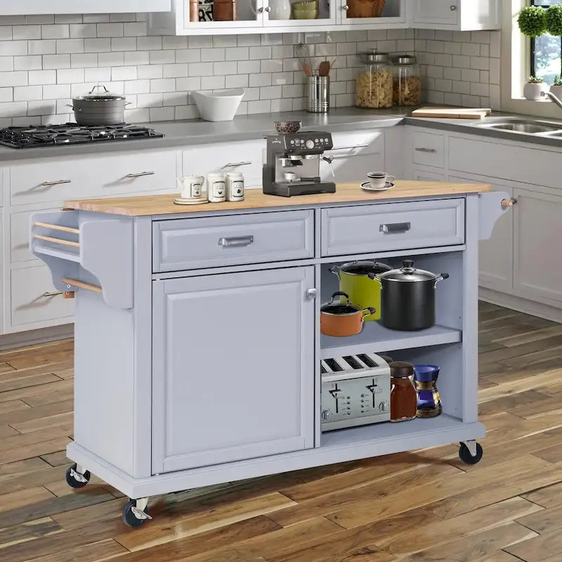 Natural Wood Top Kitchen Island Cart with Storage and Heavy-Duty Casters