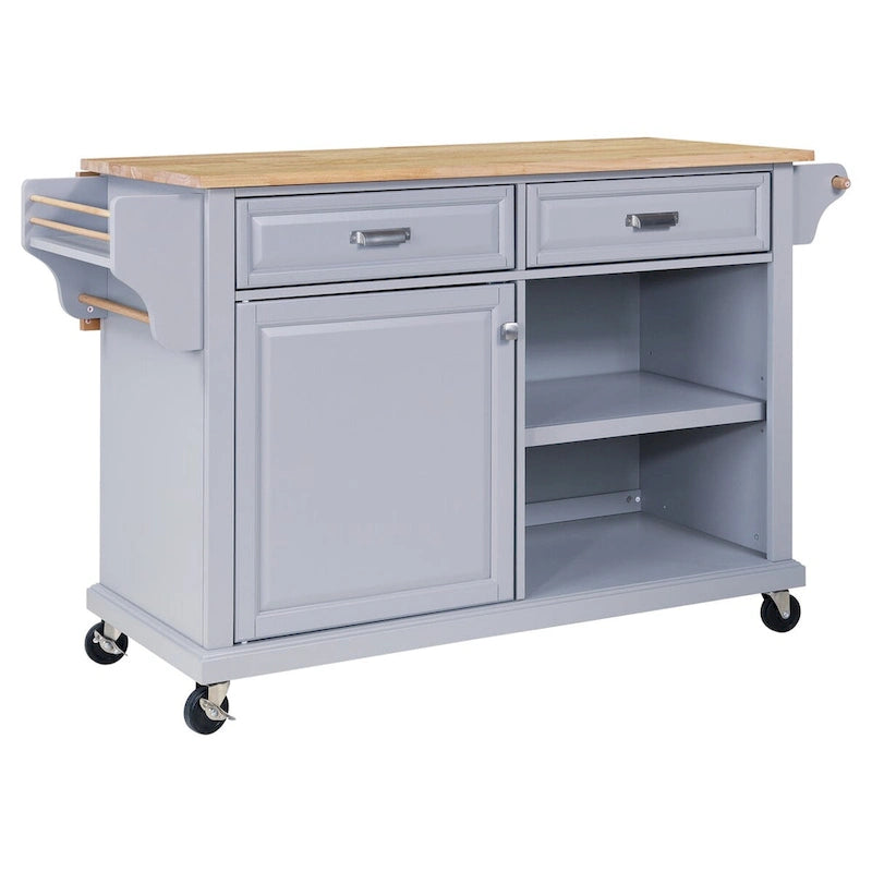 Natural Wood Top Kitchen Island Cart with Storage and Heavy-Duty Casters