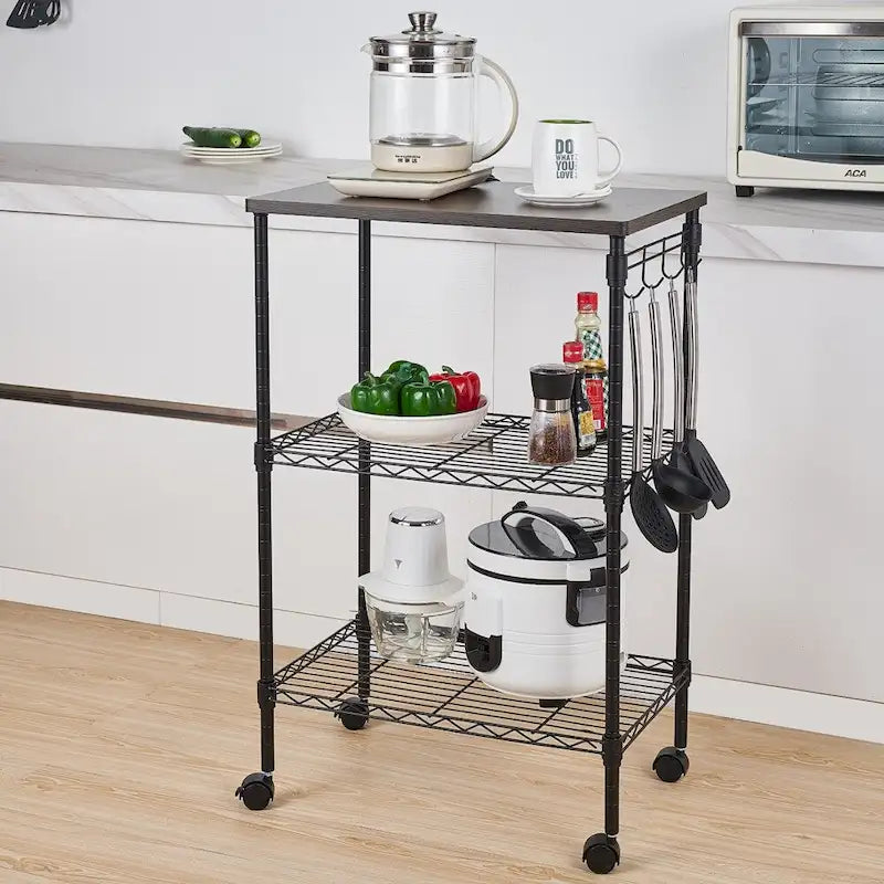 3-Tier Rolling Kitchen Utility Cart with Wood Top