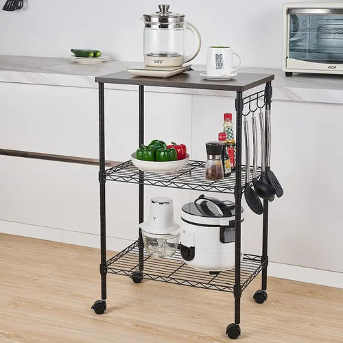 3-Tier Rolling Kitchen Utility Cart with Wood Top