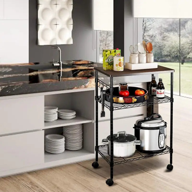 3-Tier Rolling Kitchen Utility Cart with Wood Top