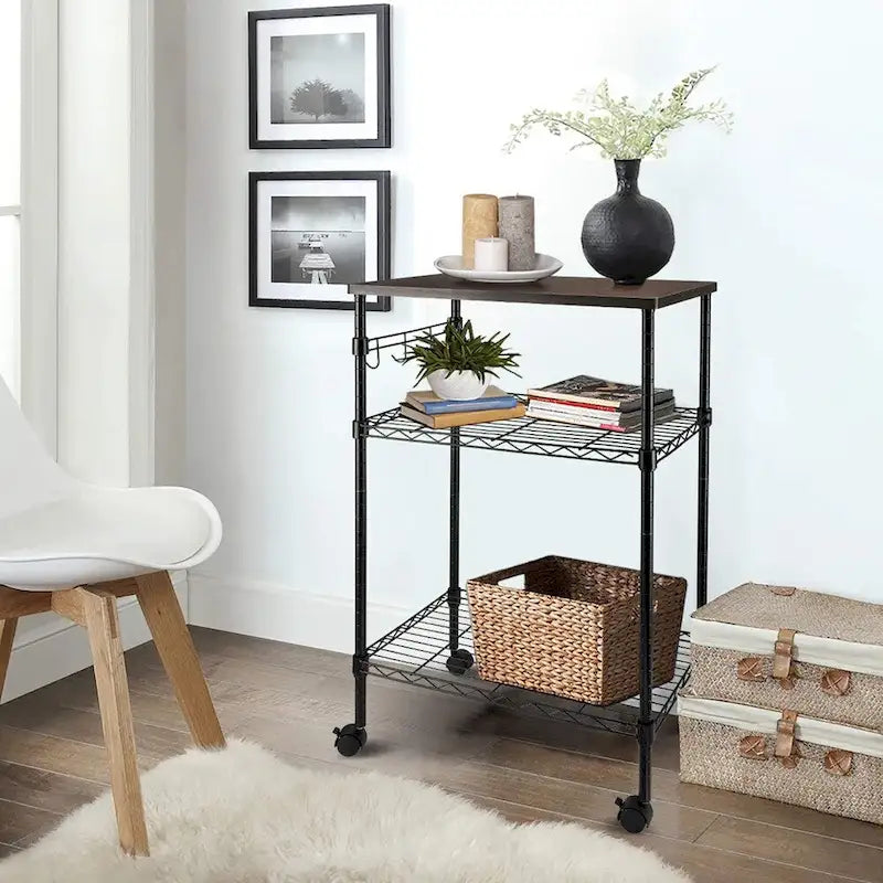 3-Tier Rolling Kitchen Utility Cart with Wood Top