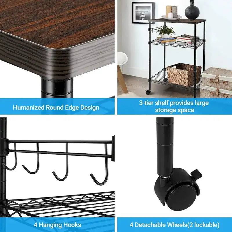 3-Tier Rolling Kitchen Utility Cart with Wood Top