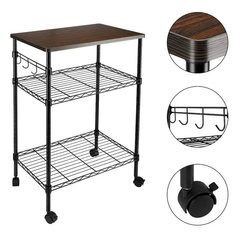 3-Tier Rolling Kitchen Utility Cart with Wood Top