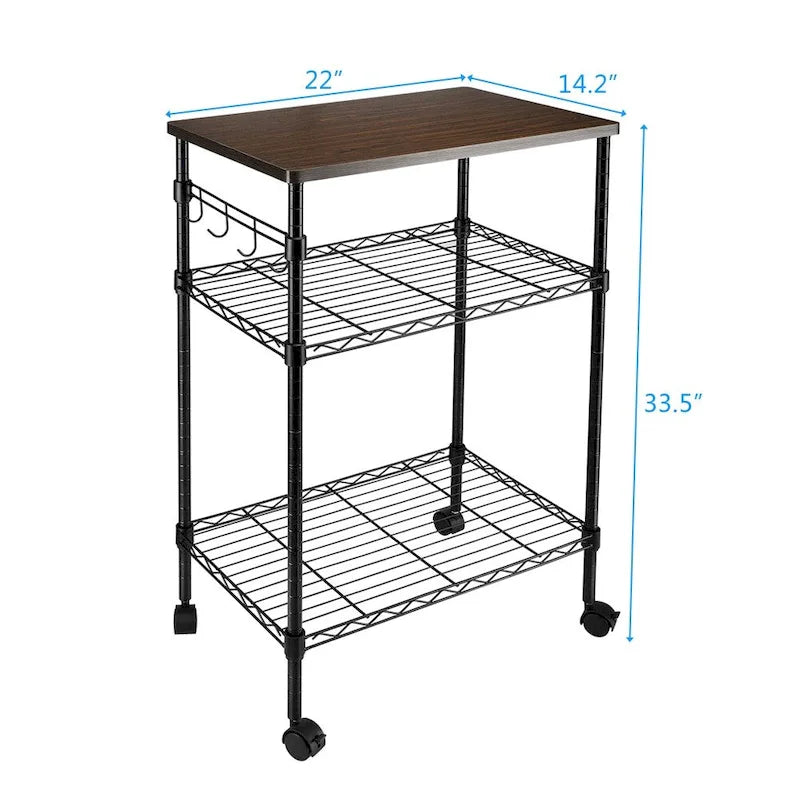 3-Tier Rolling Kitchen Utility Cart with Wood Top