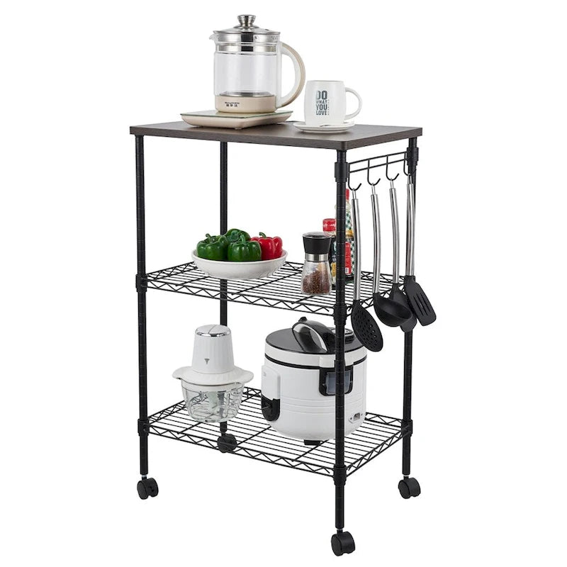 3-Tier Rolling Kitchen Utility Cart with Wood Top