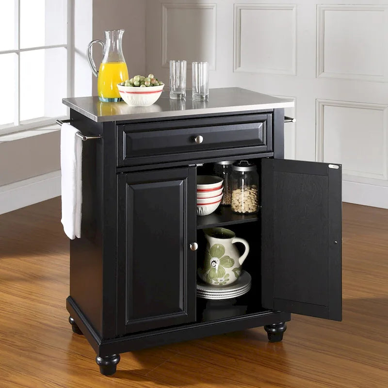 Stainless Steel Top Portable Kitchen Island in Black