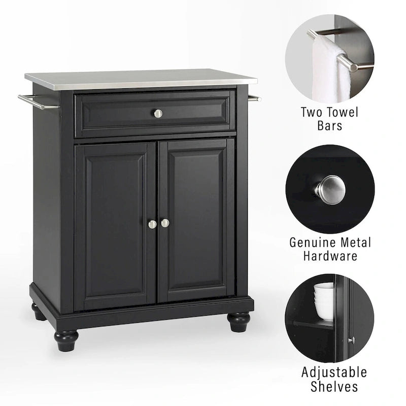 Stainless Steel Top Portable Kitchen Island in Black