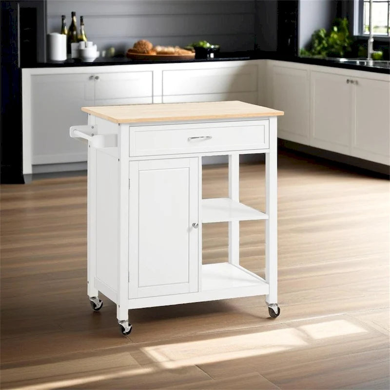 White Rolling Kitchen Island with Storage and Wood Top