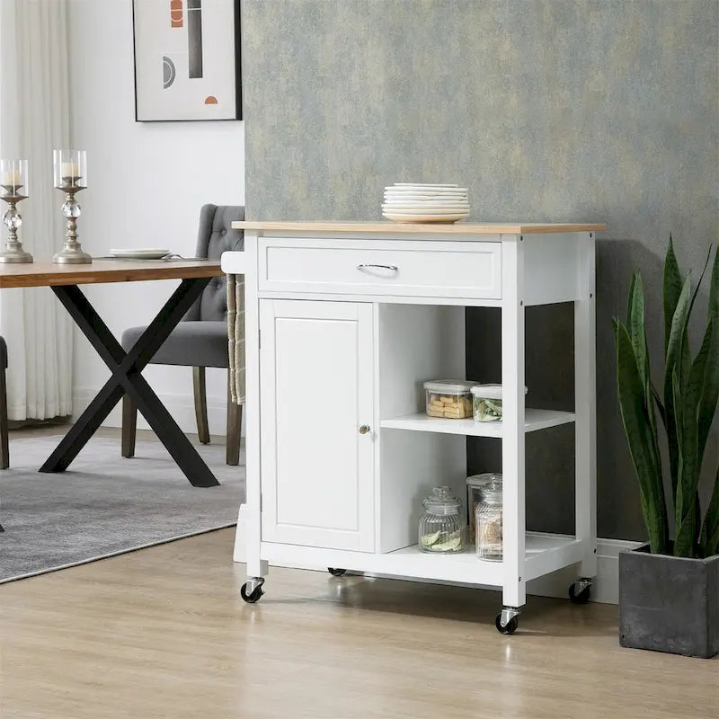 White Rolling Kitchen Island with Storage and Wood Top
