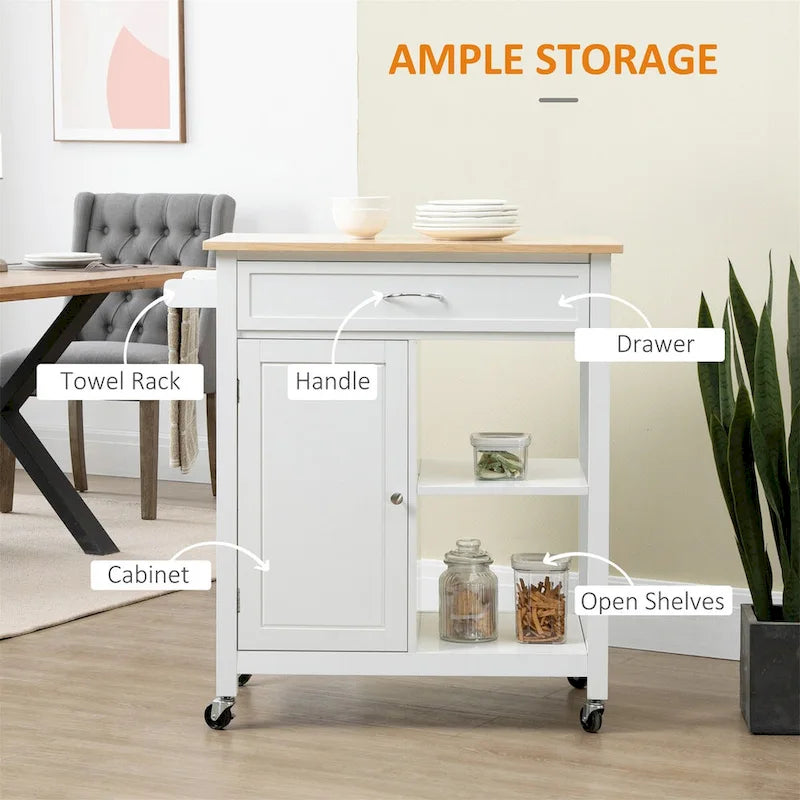 White Rolling Kitchen Island with Storage and Wood Top