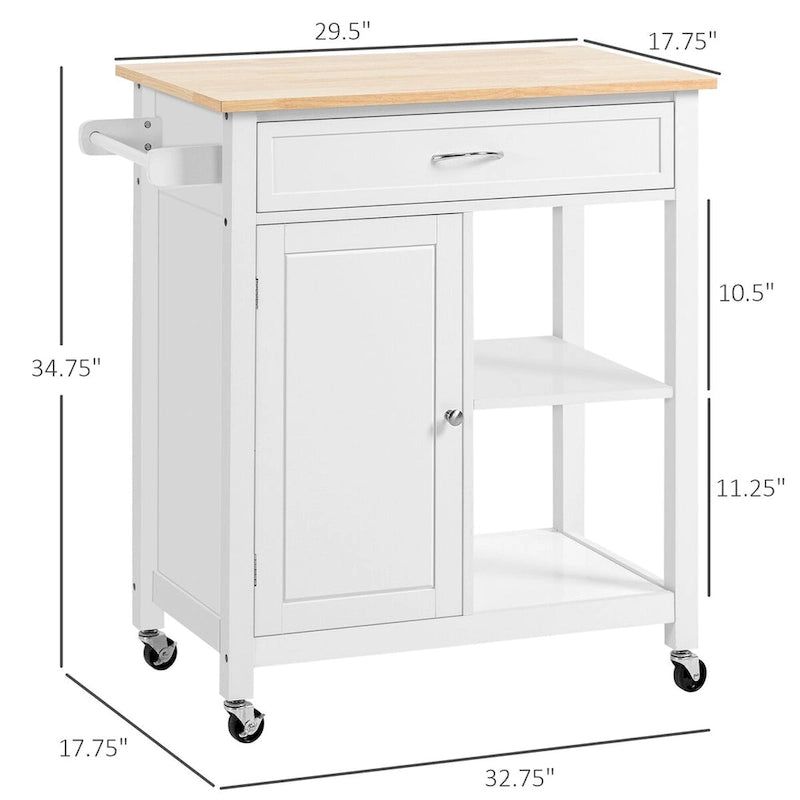 White Rolling Kitchen Island with Storage and Wood Top