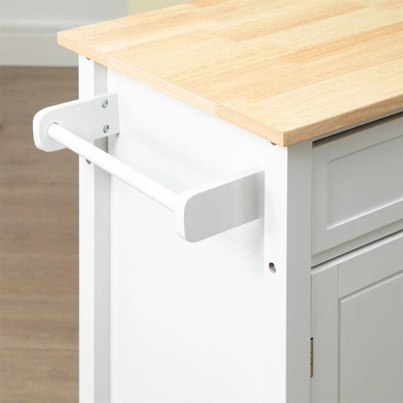 White Rolling Kitchen Island with Storage and Wood Top