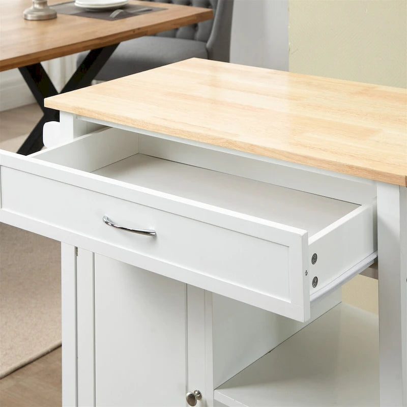 White Rolling Kitchen Island with Storage and Wood Top