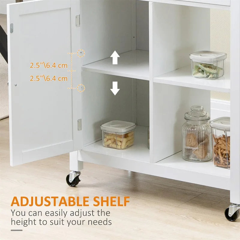 White Rolling Kitchen Island with Storage and Wood Top