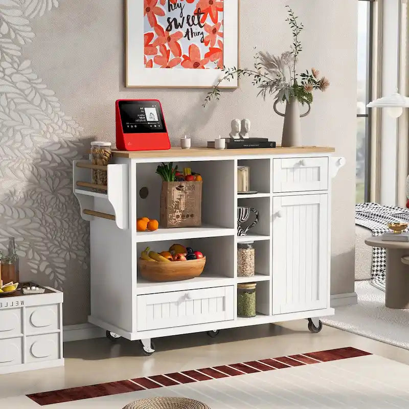 Rubberwood Kitchen Cart with Drop Leaf, Microwave Storage and 2 Drawers