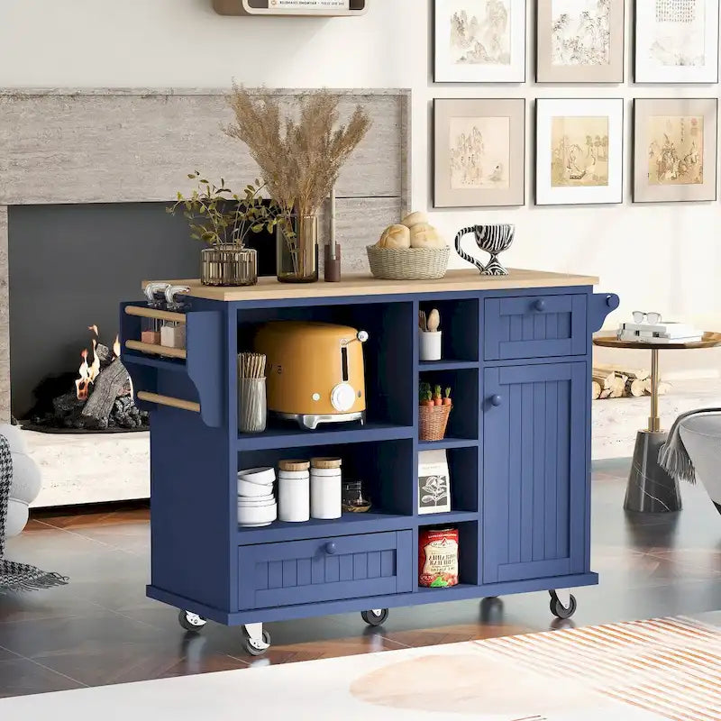 Rubberwood Kitchen Cart with Drop Leaf, Microwave Storage and 2 Drawers