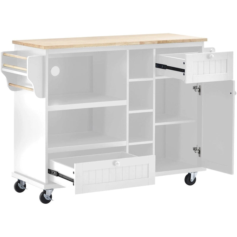 Rubberwood Kitchen Cart with Drop Leaf, Microwave Storage and 2 Drawers