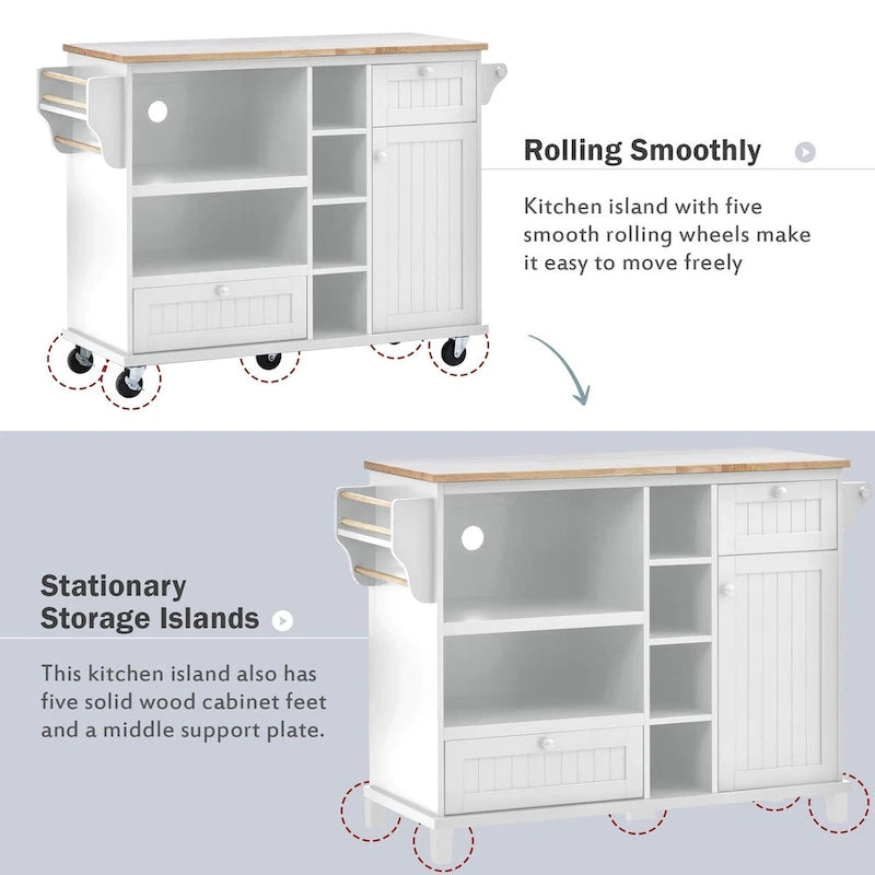Rubberwood Kitchen Cart with Drop Leaf, Microwave Storage and 2 Drawers