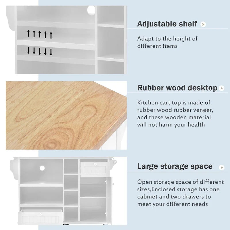 Rubberwood Kitchen Cart with Drop Leaf, Microwave Storage and 2 Drawers
