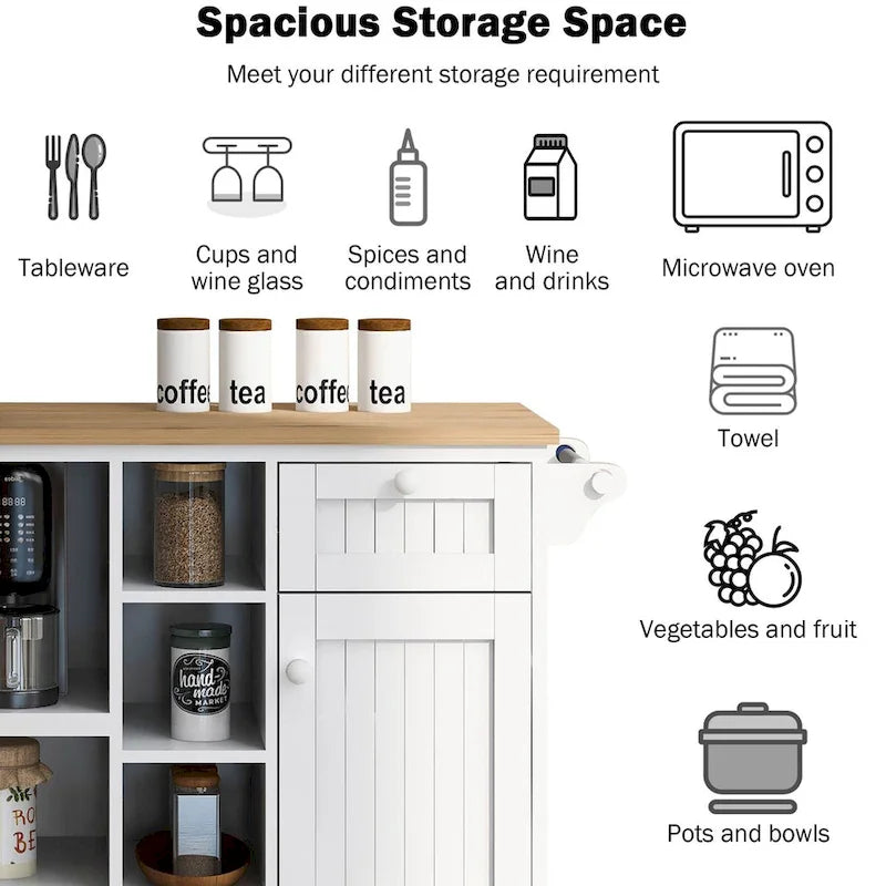Rubberwood Kitchen Cart with Drop Leaf, Microwave Storage and 2 Drawers