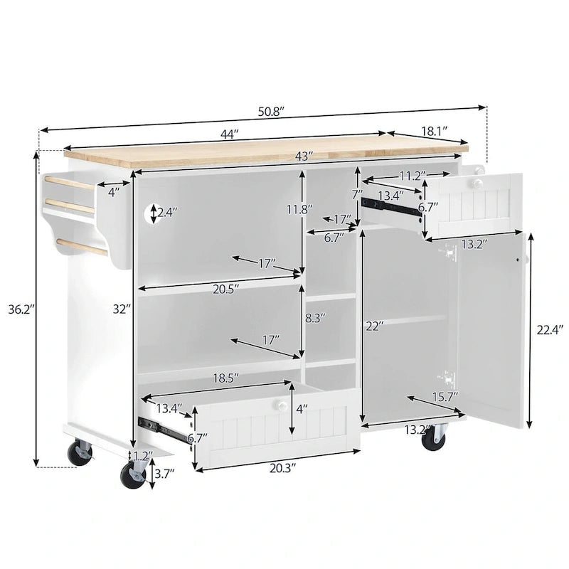Rubberwood Kitchen Cart with Drop Leaf, Microwave Storage and 2 Drawers