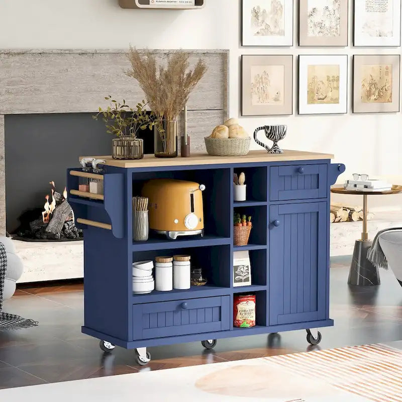 Rubberwood Kitchen Cart with Drop Leaf, Microwave Storage and 2 Drawers