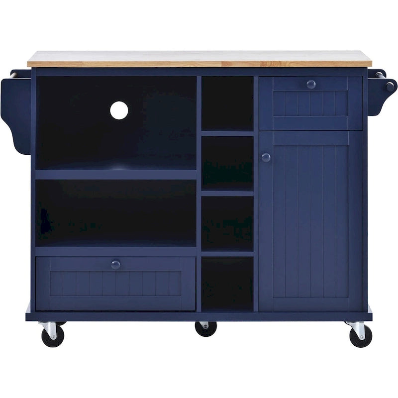 Rubberwood Kitchen Cart with Drop Leaf, Microwave Storage and 2 Drawers